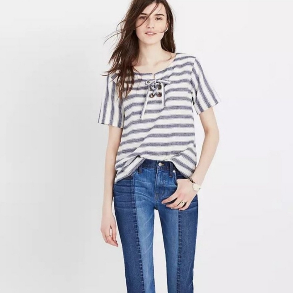 ❤️ MADEWELL STRIPED LINEN LACE UP TOP, SMALL